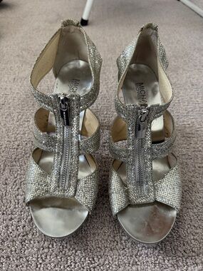 Michael Kors Silver Glitter Front-Zip Strappy Heels
